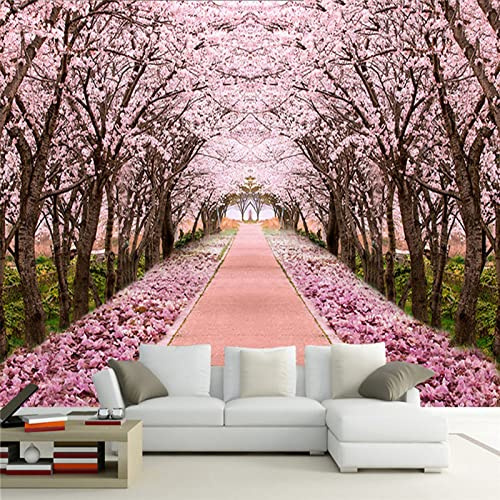 Papier Peint Photo Chemin rose et fleurs de cerisier Grande Fresque Murale 3D Peinture Murale, Étude De Fond De Salon Décoration D'Intérieur 300cm×210cm(LxH)