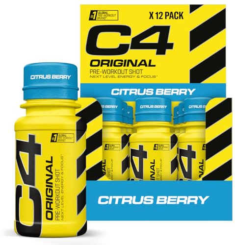 C4 Original Pre Workout Shot | Citrus Berry Flavour Energy Shots, 12 x 60ml Bottles | Sugar Free Energy Drink with 150g Caffeine, Beta Alanine, L Arginine, Vitamin B6, Vitamin B12, Amino Acids