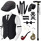 1920s Jahre Herren Accessoires, 20er Gangster Kostüm, Herren Accessoires Mafia Gatsby Kostüm Set, Weste Fedora Hut Schnurrbart für Mann Karneval Fasching Halloween Cosplay (Baskenmützen, L)