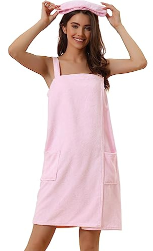 cheibear Damen Bademantel Kleid Frottee Saunakilt Saunatuch mit Tasche und Klettverschluss Spa Dusche Handtuch Bademantel Rosa XL