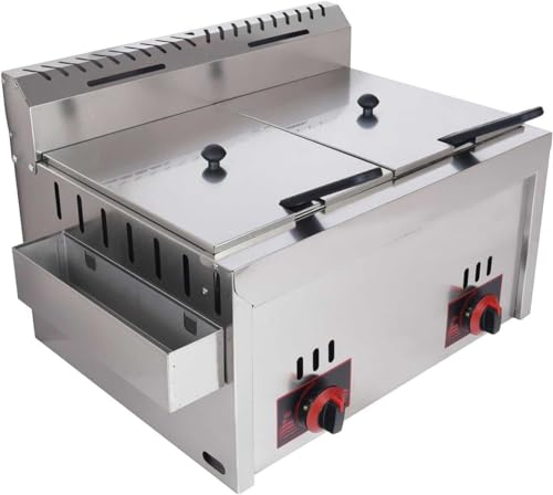 DJXLMN Friteuse à gaz commerciale réservoir d'assaisonnement en acier inoxydable – Professionnelle 10L x 2, cuisson efficace – Idéale les restaurants familiaux – Comprend 2 paniers frites
