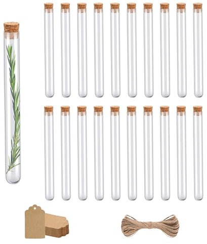 20 Tubes à Essai en Verre 12x120mm avec Bouchon en Liège (18ml) + 20 Étiquettes Kraft + Ficelle de Jute | Éprouvettes de Laboratoire | Souvenirs d'Anniversaire, Fiole pour Bonbons, Dragées