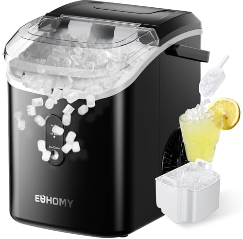 EUHOMY Nugget Ice Maker, Chewable Pellet Ice Machine with Handle, Ready in 6 Mins, 15.5kg/24H, Self-Cleaning Function, Removable Top Cover, One-Click Operation, for Kitchen,Office Stainless Steel