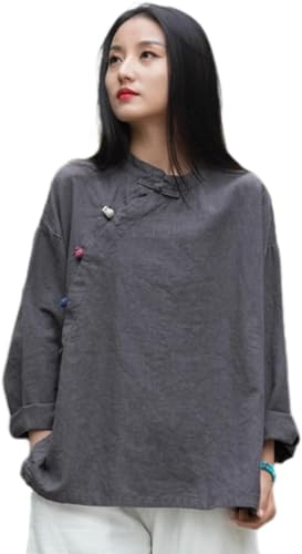 Chemisier chinois Ramie pour femme - Coton et lin - Chemise Hanfu d'été traditionnelle - Costume de méditation avec manches longues - Tunique rétro - Costume de méditation, gris, S