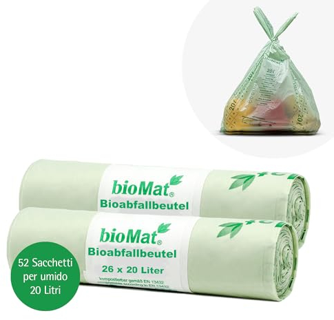 bioMat Sacchetti per rifiuti organici compostabili e climaticamente neutri da 20 l con maniglia (52 sacchi per rifiuti organici)