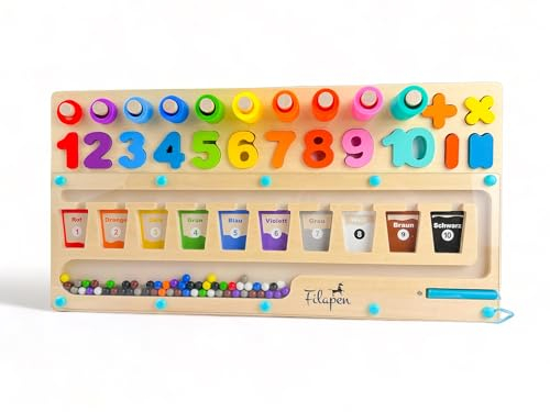 Filapen® Montessori Spielzeug ab 3 Jahren I Pädagogisches Motorikspielzeug I Farben & Zahlen Lernen I Labyrinth Magnetspiel aus Holz