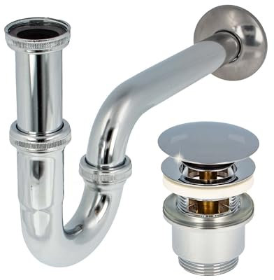 tecuro Siphon extra lang mit Pop Up Ablaufventil verchromt - Universal Set für Waschtisch/Waschbecken
