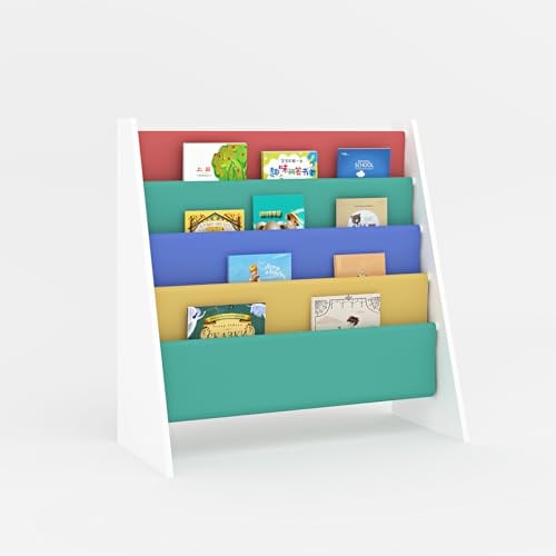 Duffy® Kids Bookshelf Book Storage 4 Tier Kids Sling Storage Bookcase Fabric Sling Shelves With Easy Book Access For Kids Books Childrens Bookcase Perfect For Kids Bedroom Storage (Multicolor-2)