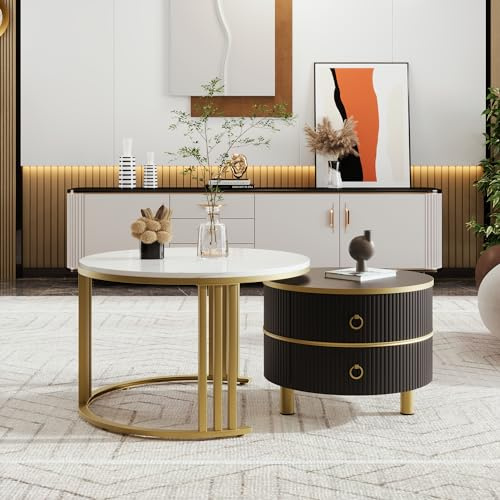 BTM Table Basse Ronde 2 en 1, Noir avec 2 tiroirs + Table Basse Salon en marbre Blanc MDF avec Support en métal doré, 50 * 50 * 40 + 70 * 70 * 46cm