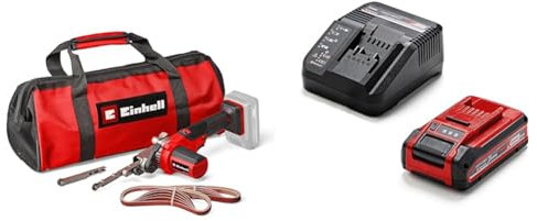 Einhell Akku-Bandfeile TE-BF 18 Li (Geschwindigkeit bis 1.700 m/min, 2x Schleifarme 9 mm und 13 mm, inkl. 12x Schleifbänder, inkl. 3,0 Ah Akku und Ladegerät)