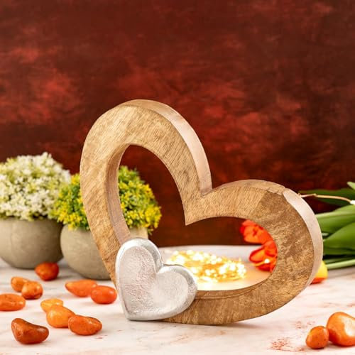 Amago home Dekofigur Herz 27x21cm Holzfigur Herzilein Mangoholz Aluminium