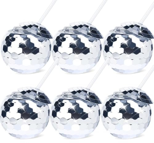 miikoul Discokugelbecher mit Deckel und Strohhalm, silberfarben, 6 Stück, Disco-Partybecher der 70er-Jahre, Disco-Ball, Trinkbecher, Discobecher, Cocktailbecher für Nachtclub, Bar,