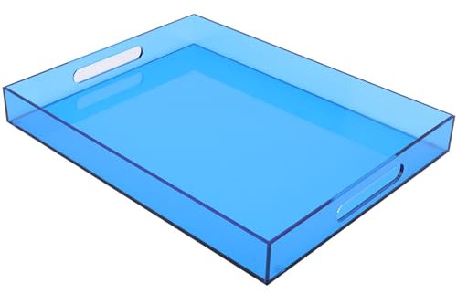 Large Acrylic Tray Ottoman Coffee Table Tray with Handles 17x13'' Decorative Serving Platter for Food Tea Dinner Snack Eating Bar Party, Blue