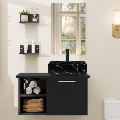 ZealWe Badmöbel Set Waschbecken Waschtisch mit Unterschrank Waschbeckenunterschrank und Spiegel, Badezimmermöbel mit Badezimmerschrank hängend, Wandregal, Keramikbecken(Schwarz)
