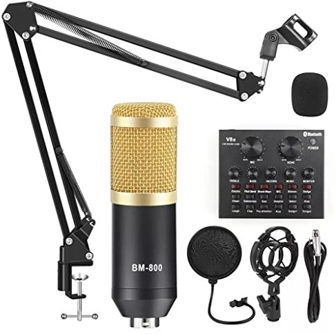 BM 800 Microphone Studio Kit de Carte Son Microphone à condensateur Podcast Streaming Jeu Microphone d'enregistrement (Couleur : Or, Taille : 4,8 * 16 cm)