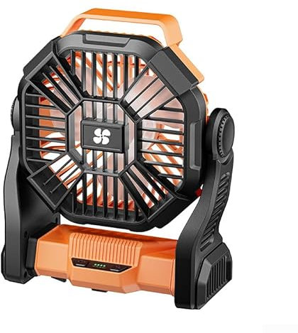 Ventilador de camping, ventilador portátil recargable con luz LED con brillo ajustable, para oficina, hogar, campamento al aire libre (naranja)
