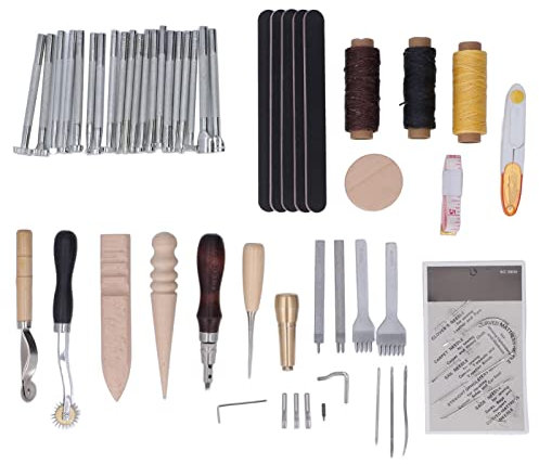 Leather Working Kit, 59pcs DIY Making Clear Texture Stainless Steel Beech Wood Leathercraft Tools, DIY Hand Sewn Set Repair Kit for Shoes Bag Stitching Beginners Professionals