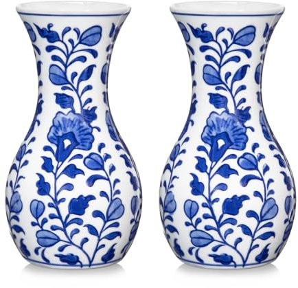 Kleine blaue und weiße Vase, 2 Stück, 15,2 cm, Knospen-Keramik-Blumenvasen, Retro-Chinoiserie-Vasen für frische getrocknete Seide, Blumendekoration, Beistelltisch, Wohnzimmer, Bücherregal, antikes