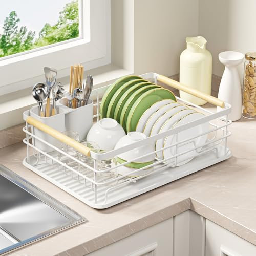 jouzevic Escurridor de Platos para encimera de Cocina: Asas de Madera, Metal Grueso, sin Montaje. Escurridor de Platos pequeño: Ideal para hogares pequeños. Estante de Secado de Cocina: Blanco