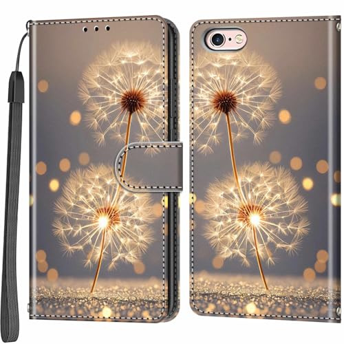 Salanheo Wallet Case for iPhone 6 / 6s, Golden dandelion | Card Slots, Kickstand, Shockproof, Magnetic Closure, PU Leather, Flip Wallet Book, Lanyard Strap