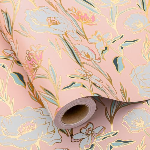 Wikadlik Rouleau de papier cadeau motif fleur rose – 43 cm x 10 m élégant floral doré brillant emballage cadeau pour anniversaire, mariage, fête des mères, Saint-Valentin
