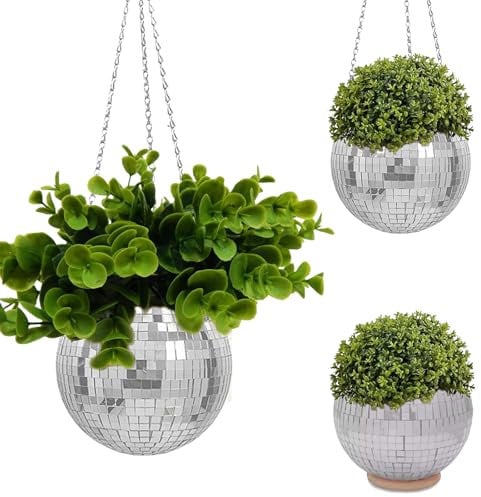 EKGOVRZ 6 Disco Ball Planter, Mirror Plant Pot for Indoor Plants With Hanging Chain, Flower Disco Vase With Silver Mirror Glass for Wedding, Birthday, Party