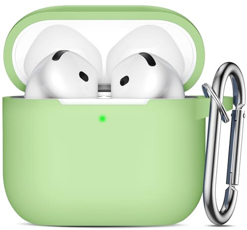 Ouwegaga Hülle Kompatibel mit Apple AirPods 4 Hülle 2024 - Weiches Silikon Schutzhülle für AirPods 4 Case, Stoßfeste Hülle für AirPods 4 Generation, Front-LED Sichtbar, Mit Karabiner, Avocado