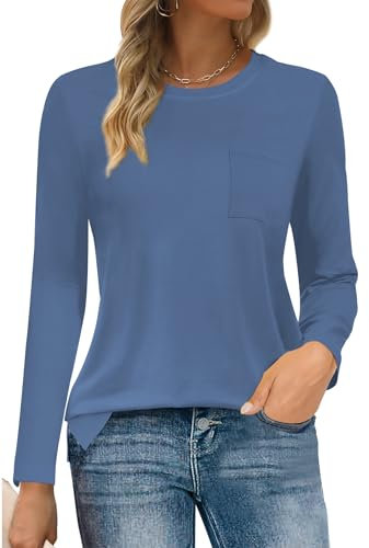 SMENG T Shirts for Women UK Long Sleeve Crew Neck Split Hem Basic Tops Women Plain Cosy Casual Tee Shirts Tops Size 8-10 Blue