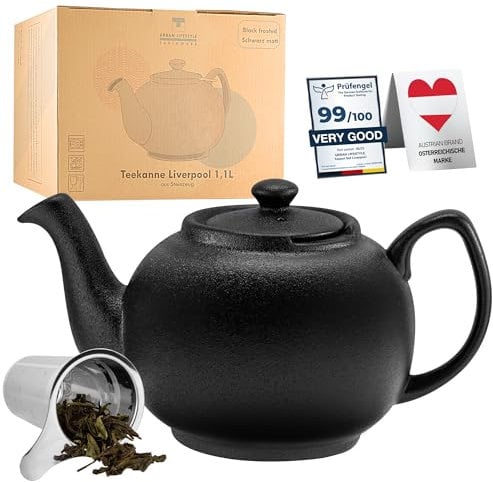 Teekanne mit Siebeinsatz Liverpool Mit Edelstahlahl Sieb aus Keramik von URBAN LIFESTYLE, Teekanne die tropffrei ist. Keramik Mit Siebeinsatz Teapot (Schwarz Matt 1.1L)