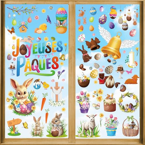 DPKOW Français Joyeuses Pâques Fenêtre Autocollants Décorations, 9 x Pâques Stickers Vitre Décorations Pâques Autocollants pour Pâques Fenêtre Porte Décorations, Chocolat Cloches Pâques Œufs Couronne