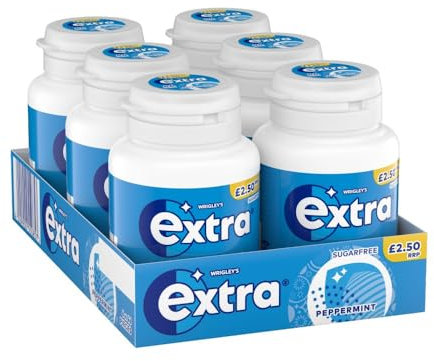 Wrigley's Extra Chewing Gum, Peppermint Flavour, 6 Bottles of 46 Pieces, Extra Blue, Price Marked, Sugar Free Chewing Gum, Bulk Pack with Xylitol, 276 pieces