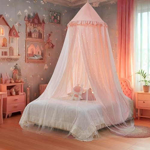 Eimilaly Prinzessin Bett Baldachin für Mädchen, Doppelte Lage Baldachin mit Cutout Sterne, atmungsaktiv & waschbar Stoff, passt Twin/volles Bett - Fairy Bett Zelt für Kinderzimmer Dekoration, rosa