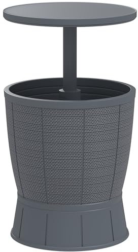 Outsunny 3-in-1 Beistelltisch Gartentisch 45 x 43 cm Rund Kühlbox wetterfest Balkontisch mit 41 L Stauraum höhenverstellbarer Tischplatte Cool Bar Kunststoff Campingtisch für Outdoor Garten Grau