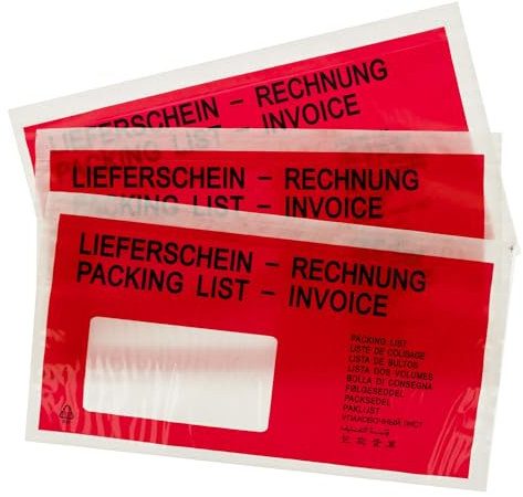 LOGIC PACK Lieferscheintaschen DIN DL 225x110 mm Transparent – 1000 Stück, Dokumententaschen selbstklebend transparent, Rechnungstaschen für A5, Begleitpapiertaschen LDPE mit rot/schwarz Aufdruck