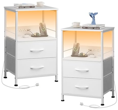 WLIVE White Bedside Table with Drawers, Bedside Cabinet with LED Lights and Charging Station, Side Table for Bedroom, Living Room, Small Spaces (White, 2pcs)