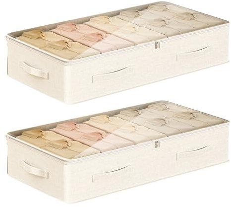 Underbed Storage Bags, 2 Pack 72L Under Bed Storage Box with Lid Foldable Wardrobe Storage Organiser with PVC Window, Reinforced Handle for Clothes, Blanket Comforters and Bedding