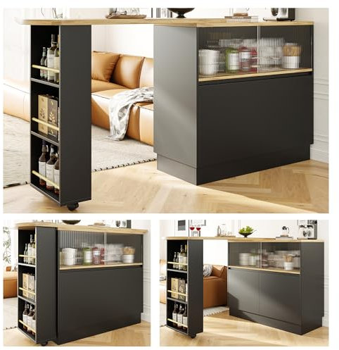 Zravenna 360° Drehbarer Bartisch mit offene Regale, geschlossene Schranktüren, Ausziehbarer Bartisch Esstisch Beistelltisch mit Glas Schiebetür, für Esszimmer, Arbeitszimmer, Wohnzimmer. (Schwarz)