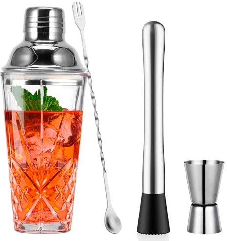 OUZHOU Shaker per cocktail, set da 4 pezzi, shaker da cocktail in vetro con coperchio in acciaio inox, a prova di perdite, shaker per coktail, set con misurino per vino, bastoncini di miscelazione per