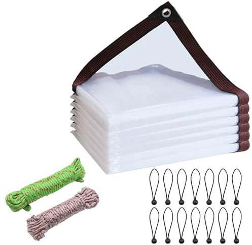 3m x 4m Clear Tarpaulin Waterproof Heavy Duty with Eyelets and 10M Rope, Thicken Tarp Cover, Outdoor Transparent Cover for Garden Patio Lawn Plants Greenhouse Chicken Rabbit Hutch