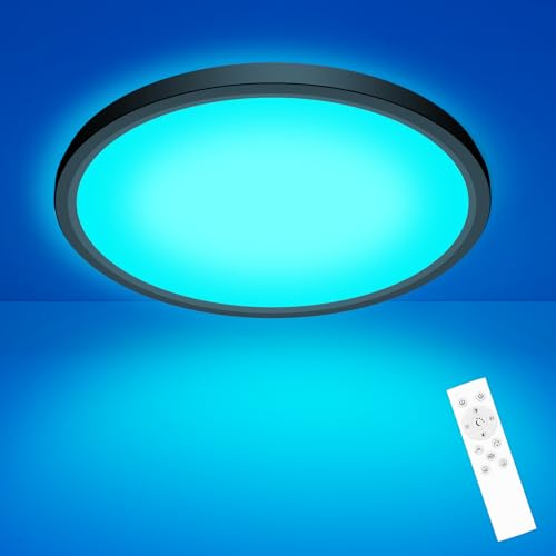 zemty LED Deckenleuchte Dimmbar 30CM 24W 2400LM, RGB Farbwechsel Deckenlampe 3000K-6500K mit Fernbedienung, Wasserfest Schwarz Badezimmer Lampe Decke für Kinderzimmer Schlafzimmer Wohnzimmer