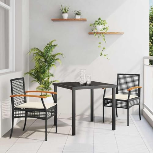 Ziaphsol Garten Essgruppe 3-teilig Schwarz Poly-Rattan, Akazienholz, Glastisch, Langlebiges Outdoor Möbel Set für Terrasse, Balkon, Essbereich