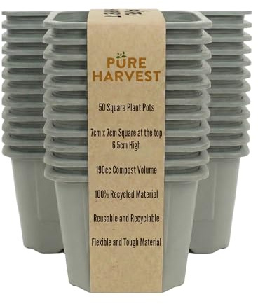 Pure Harvest 7cm Square High Propagation Plant Pots – Pack of 50 Thermoformed Nursery Pots with Excellent Drainage. Professional Grade Growing Containers for Seedlings, Plugs, & Young Plants. Grey