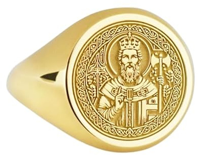 WORLD WIDE GEMS Siegelring mit Heiligem Olaf von Norwegen, Schutzschmuck für Damen und Herren, katholisches Ringamulett, nordische Münze, 925er Sterlingsilber (Ringgröße 5–12,5), vergoldet, WW_PDR