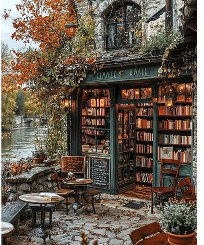 QENSPE Peinture par Numéros Adulte Café DIY Peinture Numero Adulte Débutants 40x50cm Bord de Rivière Numéro d'Art Kit Paint by Numbers for Adults Décoration Murale et Cadeaux Pour La Maison