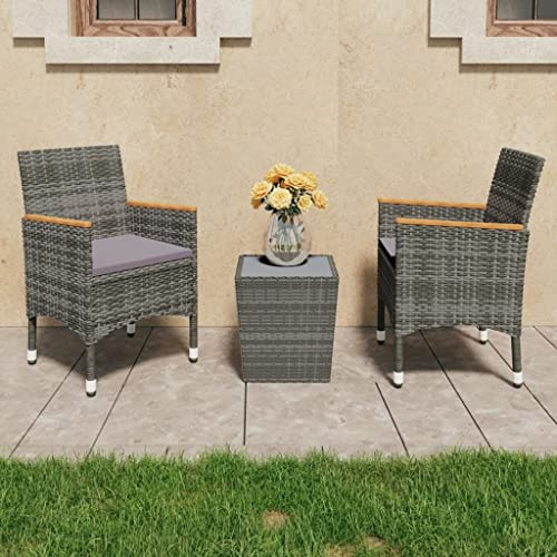 LoogCape 3-TLG. Bistro-Set Grau aus Poly Rattan mit Hartglas-Tischplatte, wetterfestem Stahlrahmen, inklusive Polstern für Balkon, Terrasse und Garten