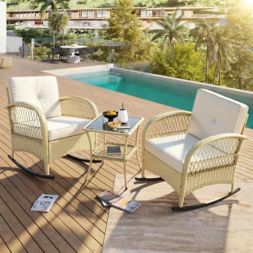 STAPERFO Balkonmöbel Set Schaukelstuhl 2-teilig mit Tisch, Rattan Sitzgruppe wetterfest mit beigen Kissen, verzinkter Metallrahmen belastbar bis 160 kg, Balkonschaukel für Terrasse Garten, Beige
