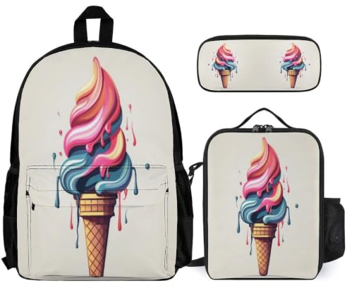 WECECE Schultasche Eiscreme-Muster Taschen Bundle mit Lunchpaket Tasche für Kinder 13 Jahre Tagesrucksack Lebensmittel-Druck Schulranzen Bundle Klasse 5 für Teenager Schule Outdoor Reisen