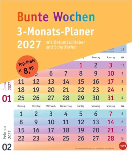 Bunte Wochen 3-Monatsplaner 2027: Farbenfroh und übersichtlich: Wandkalender 2027 mit 3-Monats-Ansicht, Datumsschieber und Schulferien. Neutraler Planer für den schnellen Überblick
