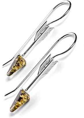 Arrow Earrings in 925 Sterling Silver and Baltic Green Amber, Drop Hook Earrings, Viking Jewellery