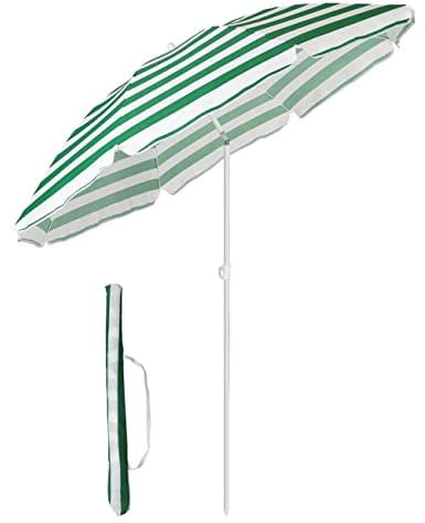 Sekey® 1.6m Beach Umbrella with Cover, Portable Tilting Garden Parasol Umbrella, Sun Parasol for Beach/Pool/Patio, Round Sunscreen UV20+ Green and White
